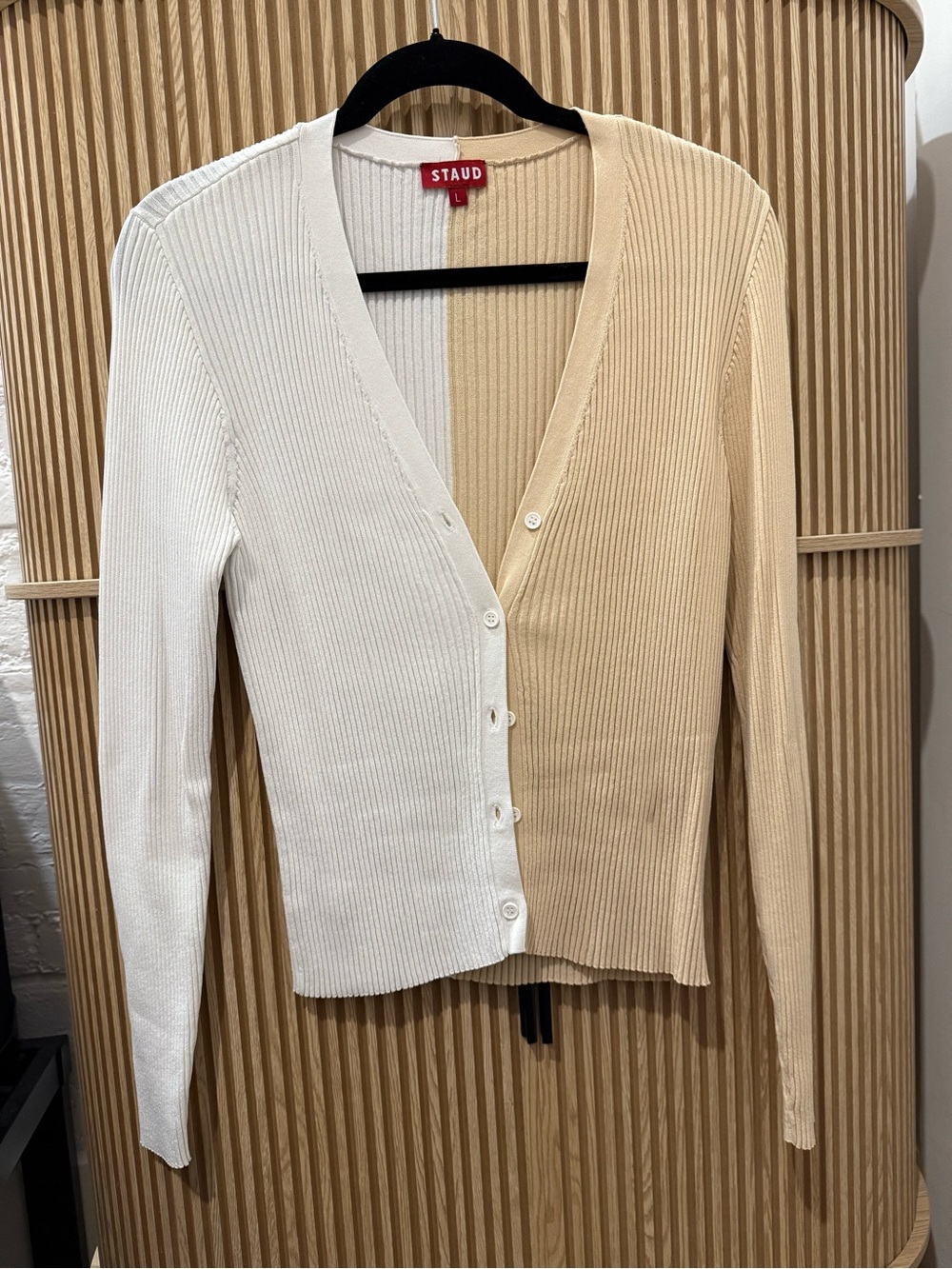 STAUD Two-Tone Colorblock Tan/White Ribbed V-Neck Cardigan